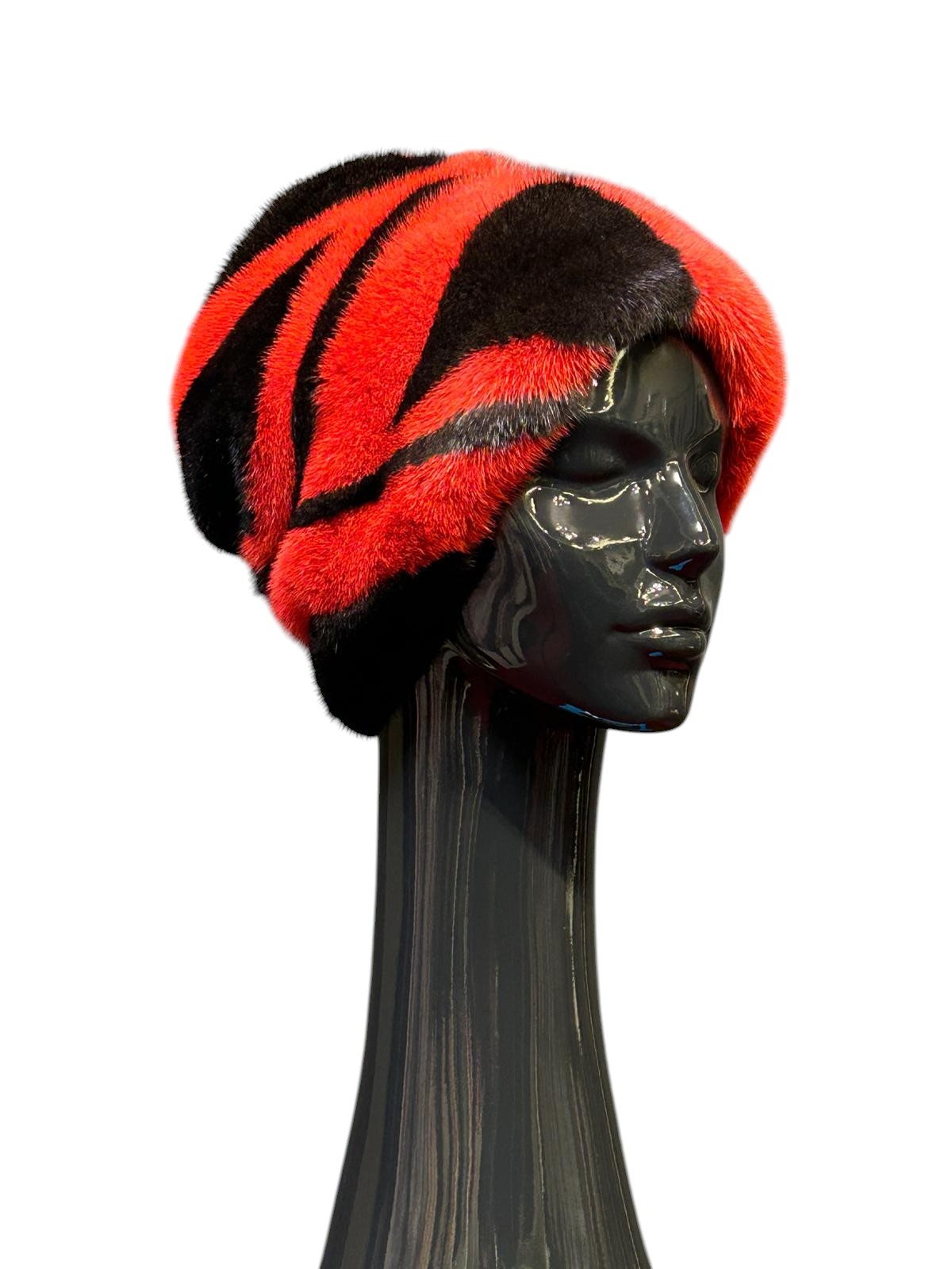 Mink fur hat in a red and black color combination