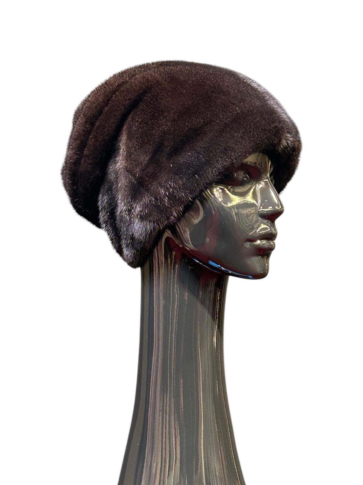 Black mink fur hat with beads