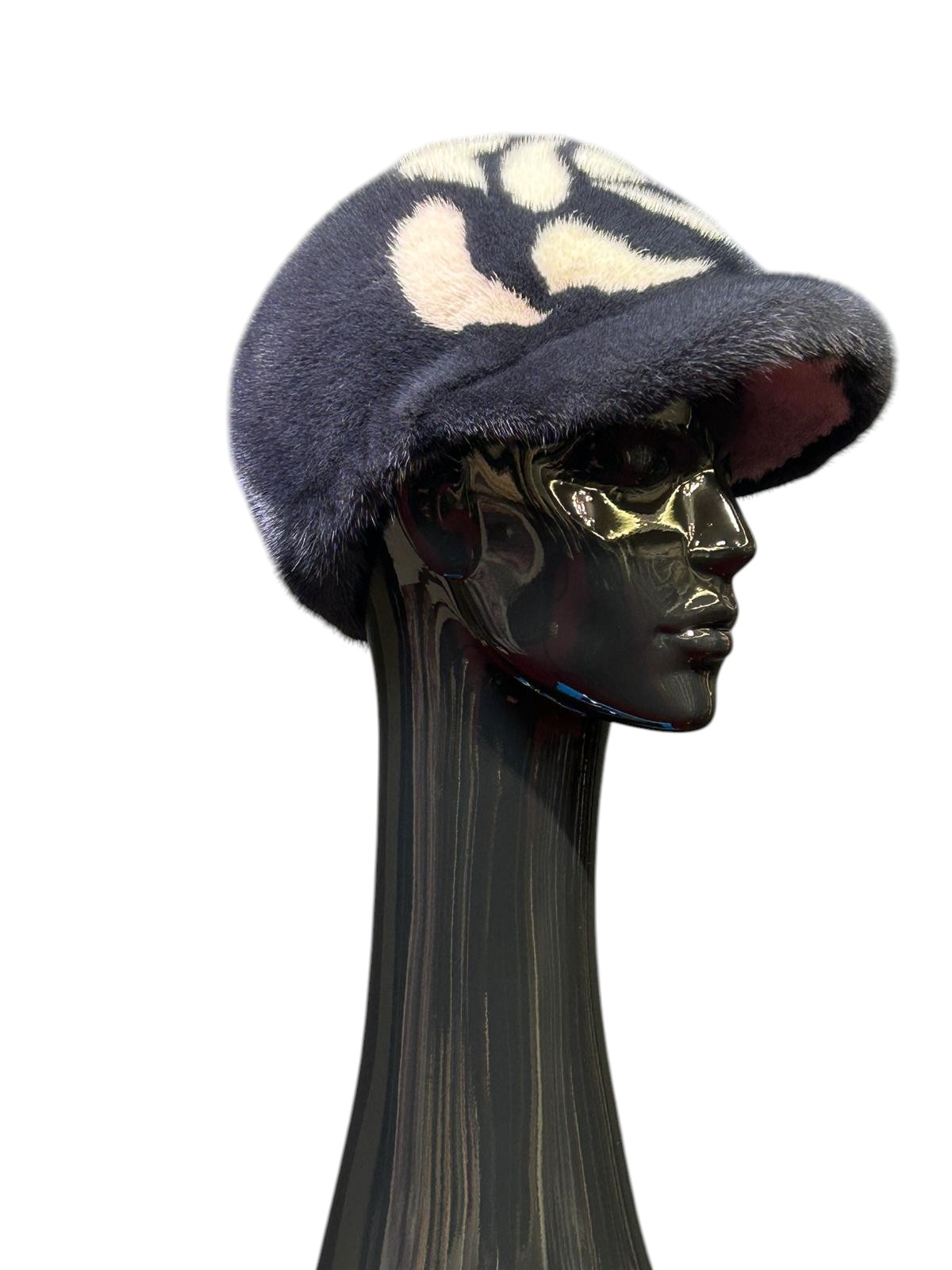Grey-blue mink fur baseball cap with a beige pattern