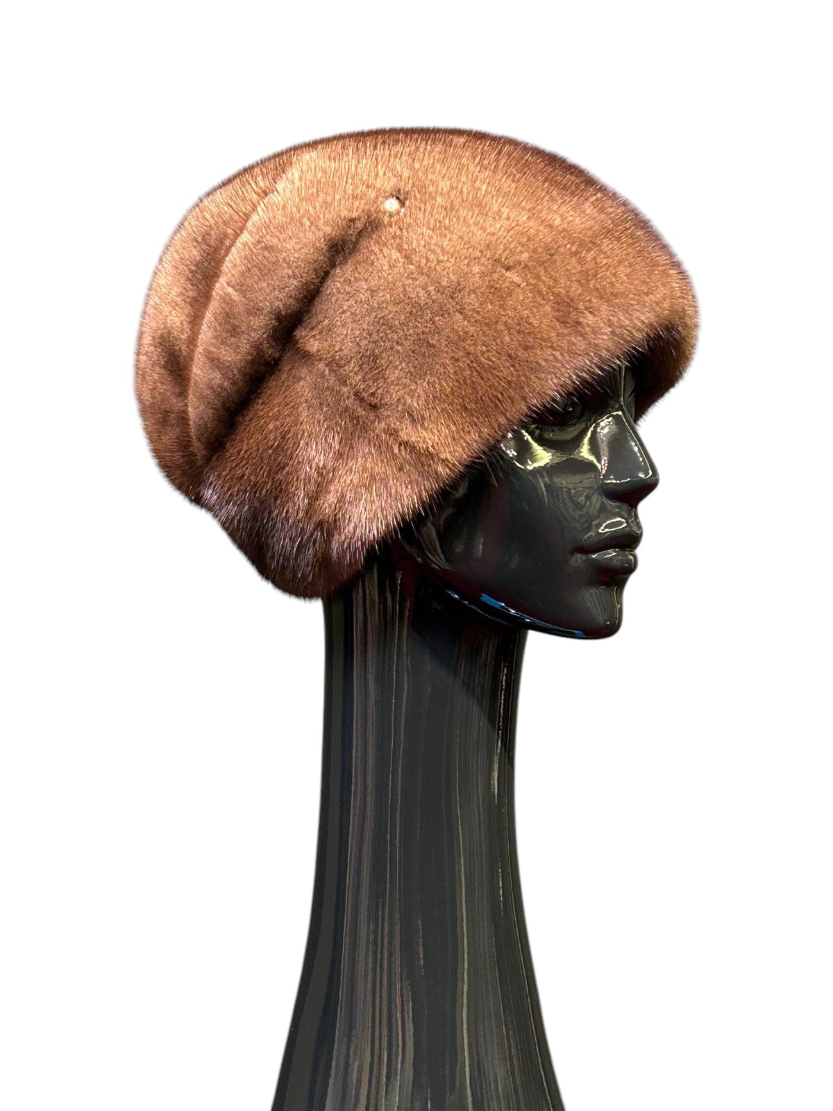 Light brown mink fur hat with beads