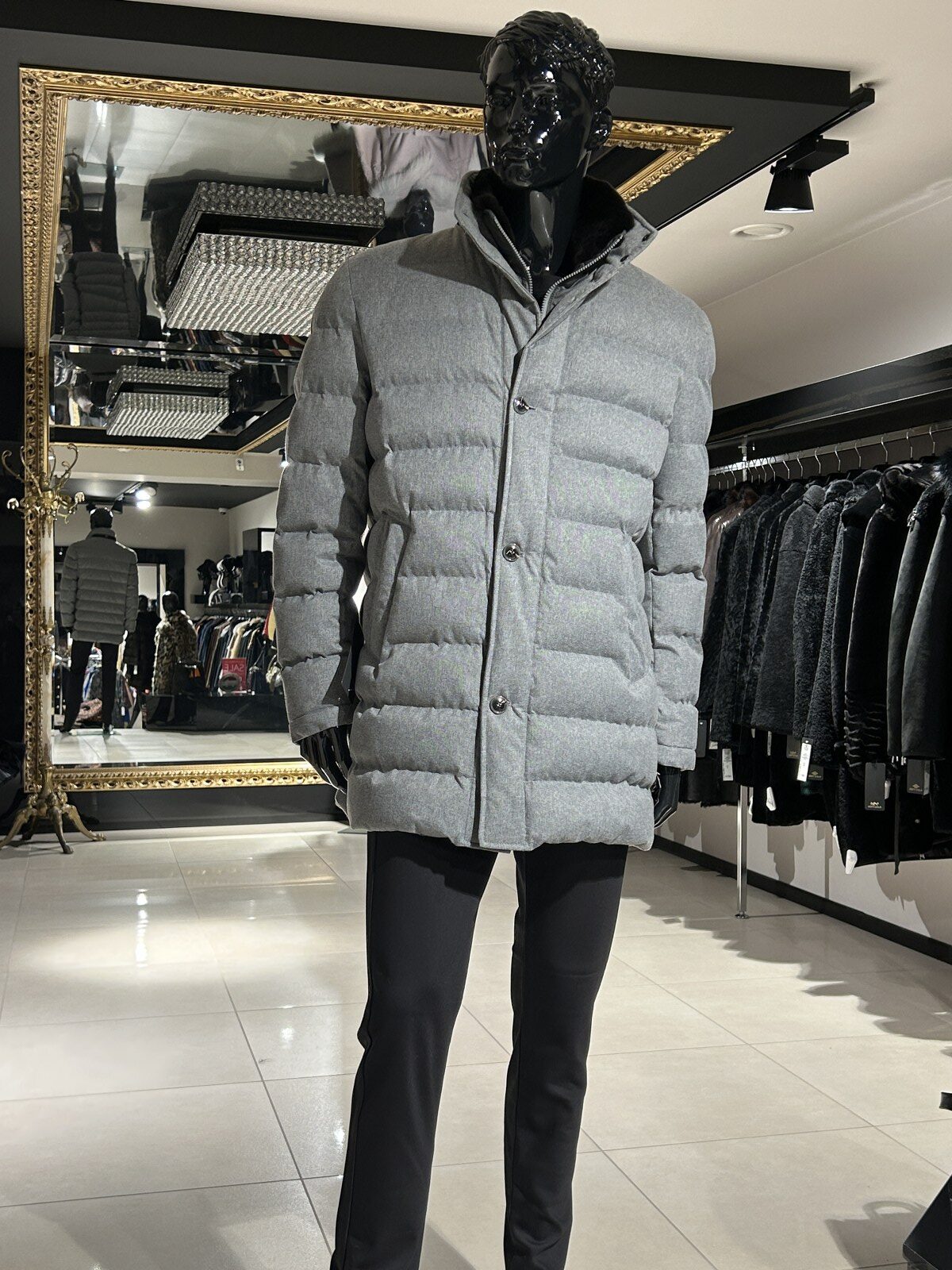 Grey down jacket with detachable Rex rabbit fur collar