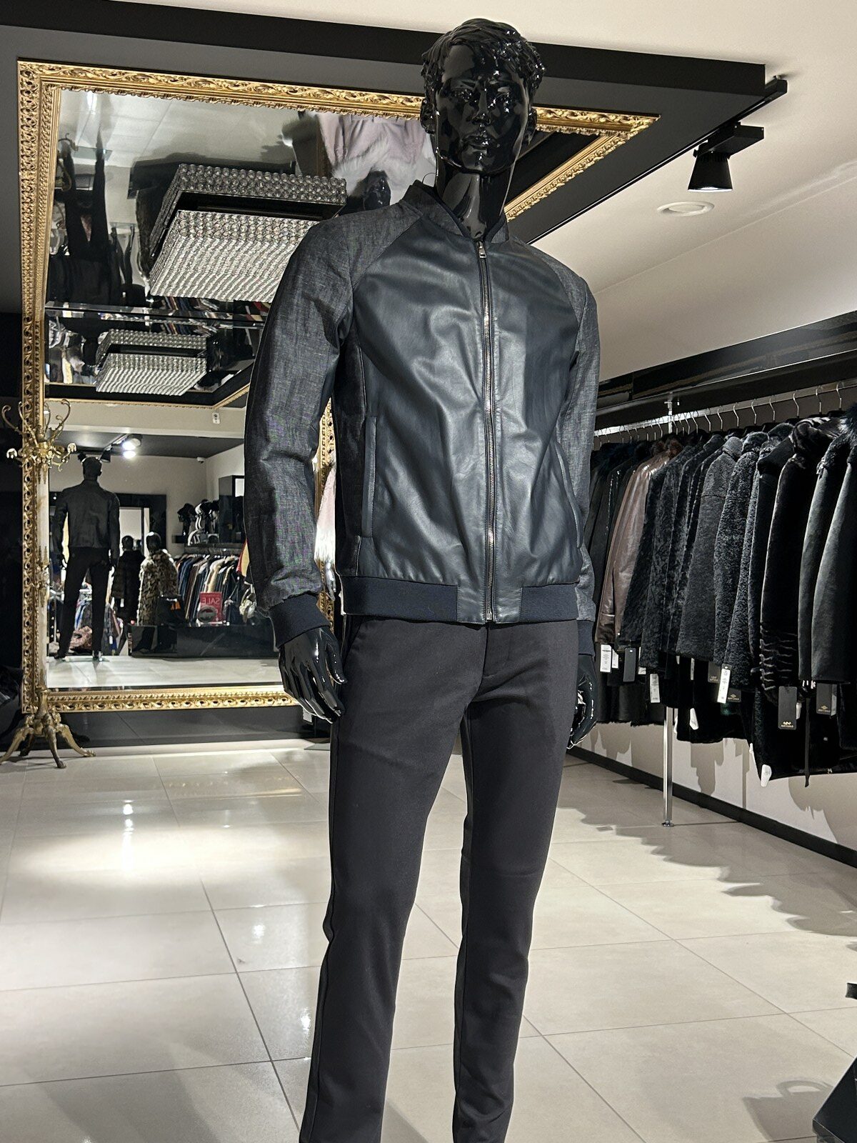 GALLOTTI navy leather and denim jacket