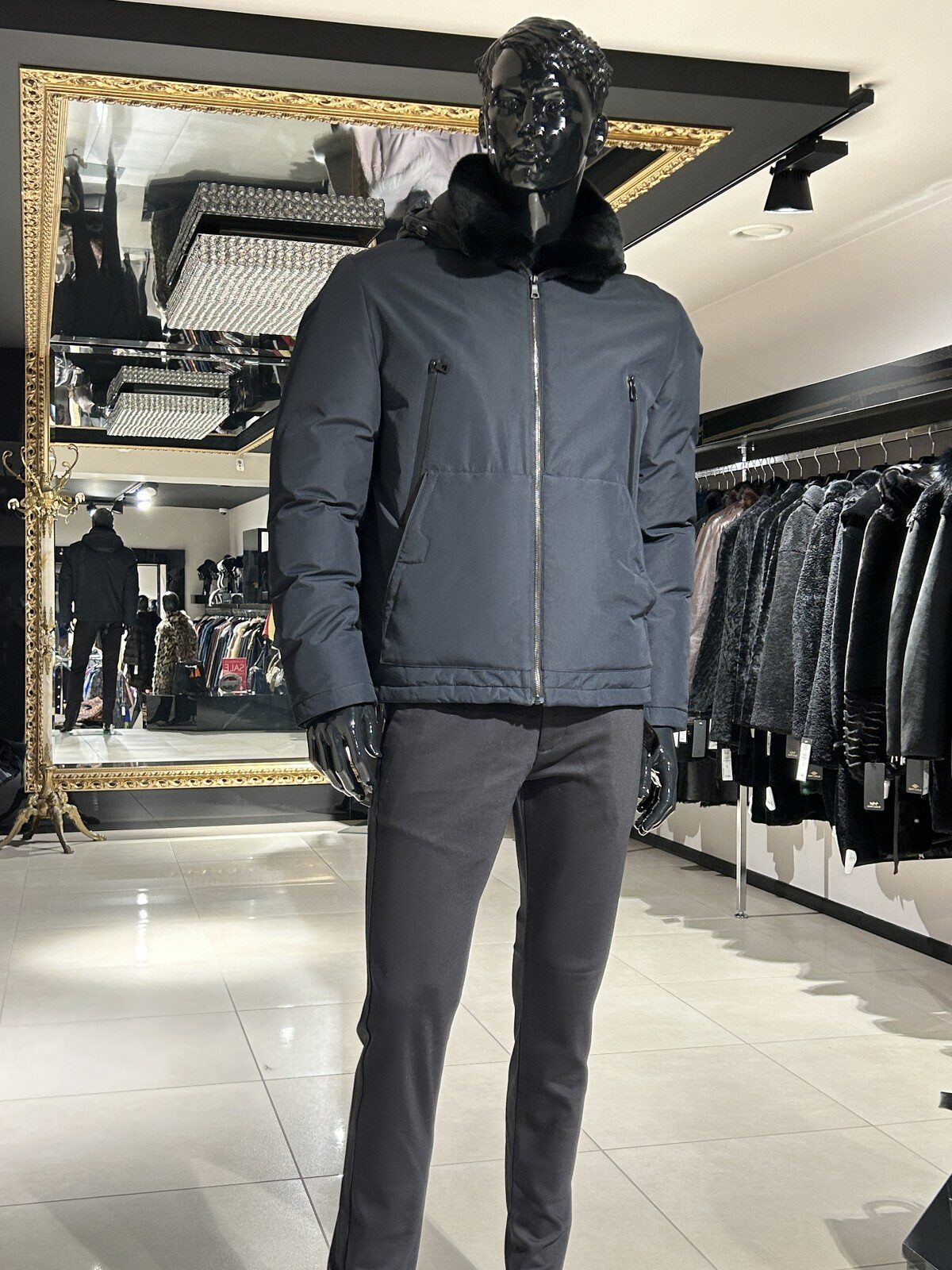Navy blue hooded down jacket with Rex rabbit fur