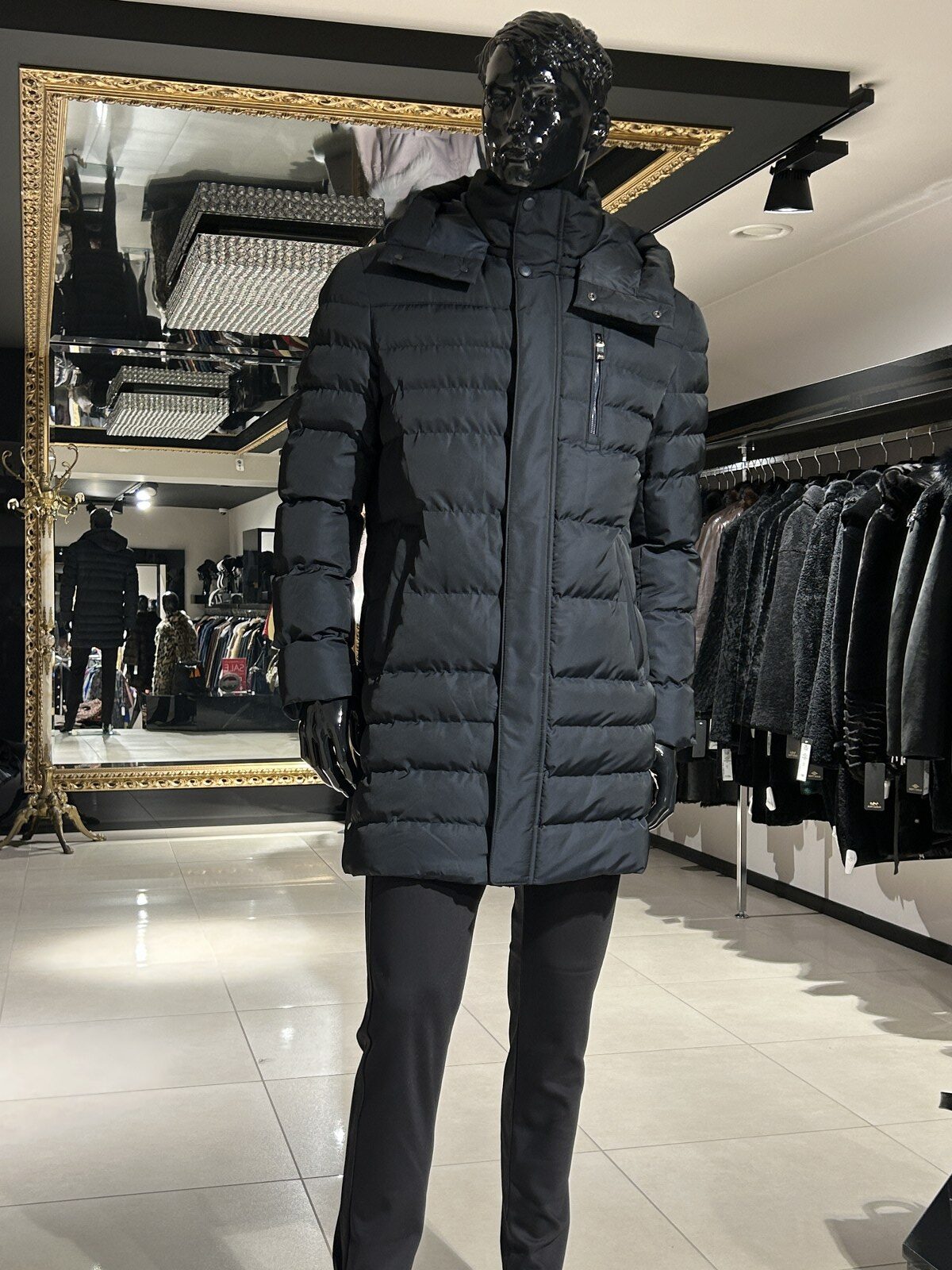 Longline navy hooded down jacket
