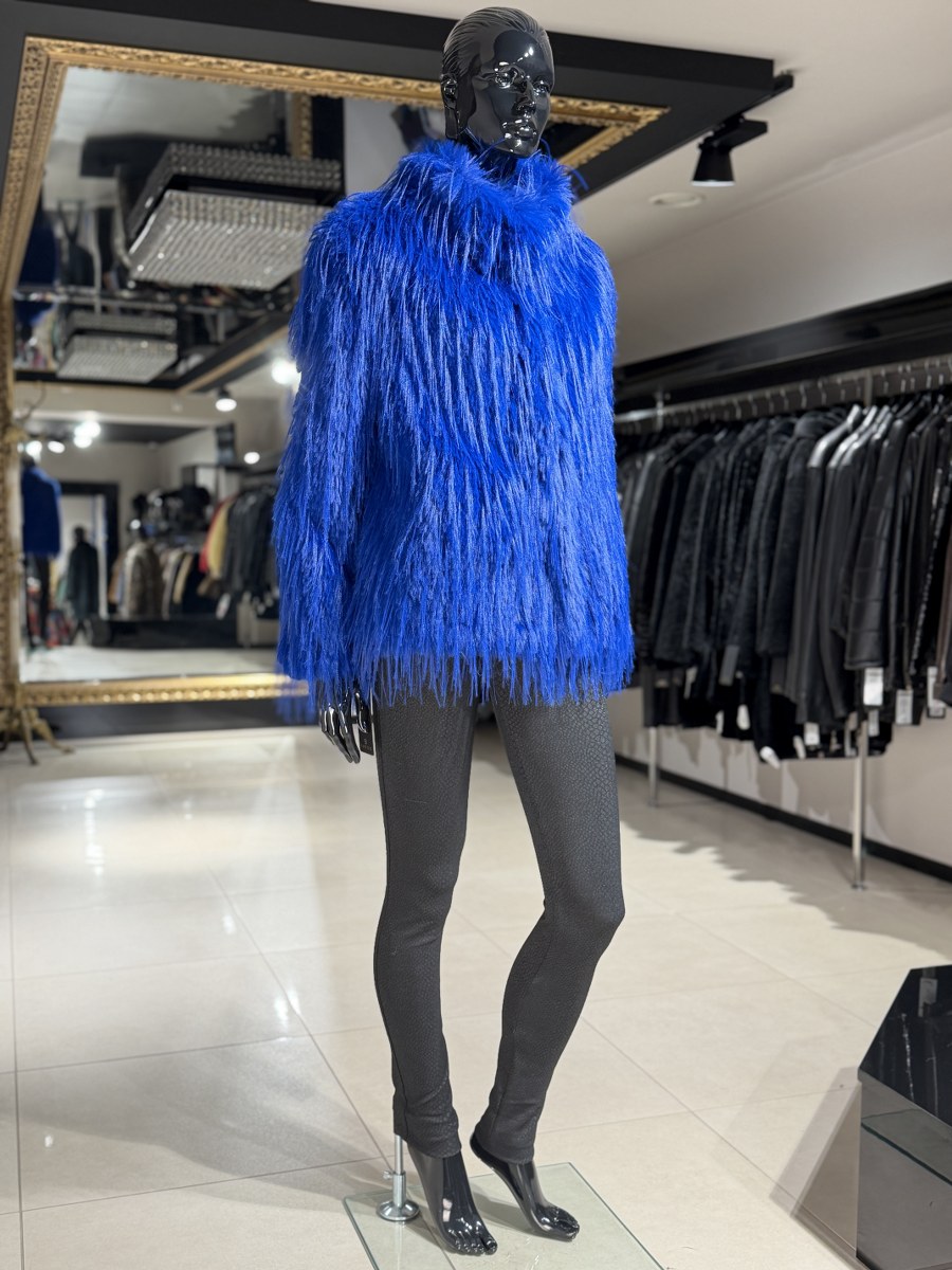 Blue Ostrich-Effect Faux Fur Jacket